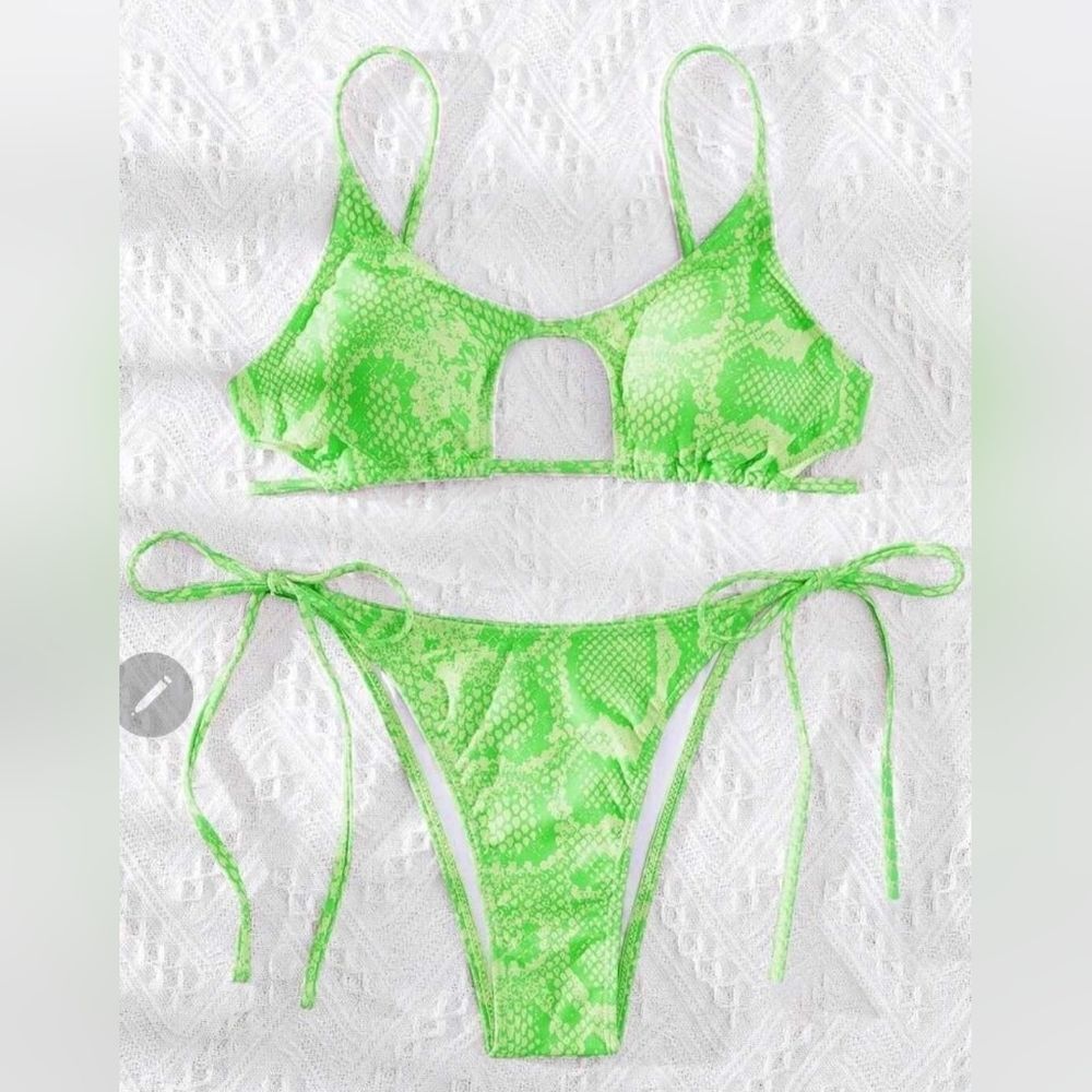Lime Green Snake Skin Print Bikini Swimsuit - Size XL.